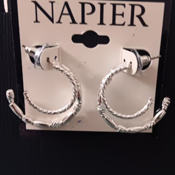 Napier Jewelry - NAPIER Mod/Contemporary Silver Twist & Smooth/Diamond Cut Double Hoop Earrings